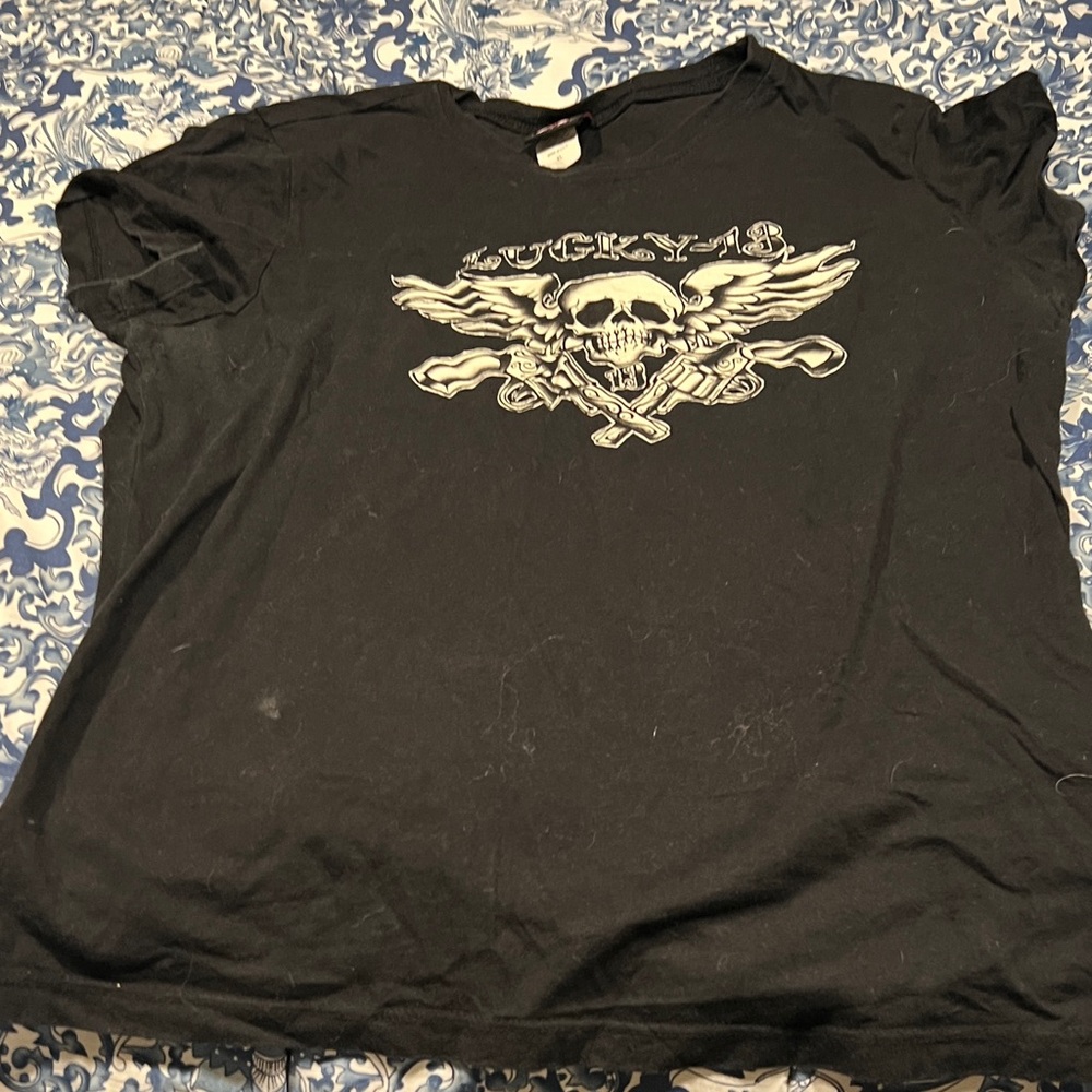 Lucky 13 Brand Black Tee with white Skull & guns xl